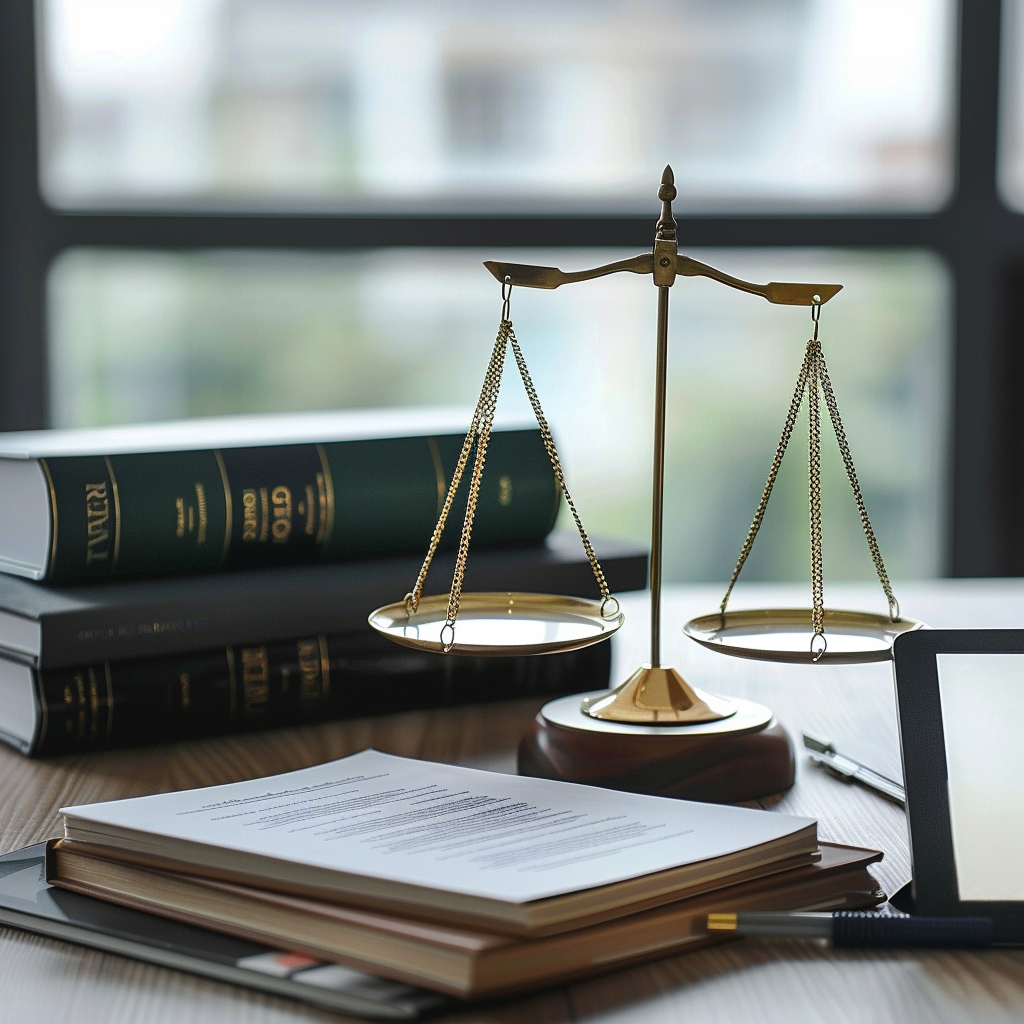 Balanced scale and legal books in an office, symbolizing the terms and conditions of articlewritingservice.online.
