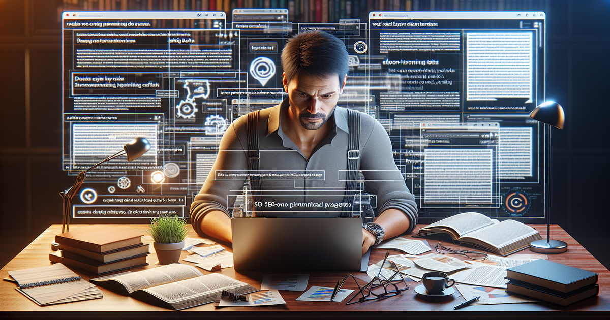 A web content writer working at a desk, surrounded by references, with an open laptop displaying multiple browser tabs and SEO-optimized content.