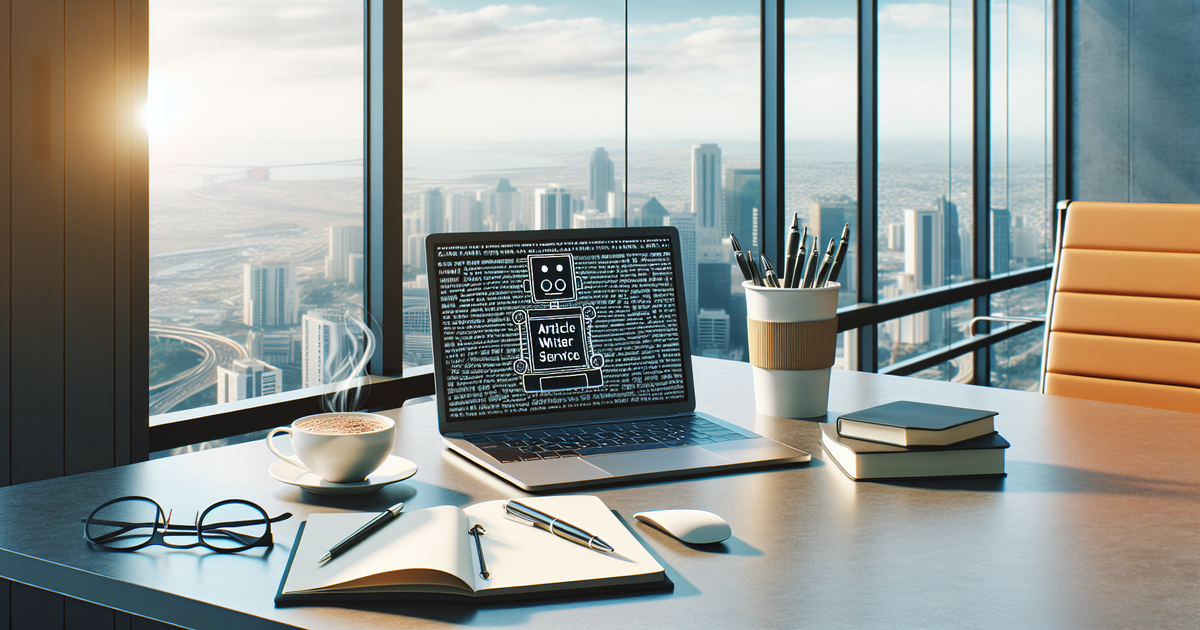 Work desk with laptop showing article writer service interface, placed in front of a large office window overlooking a city.