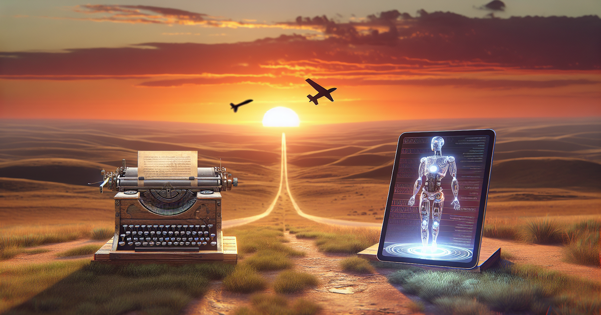 A 16:9 landscape image showing the transformation from a traditional typewriter to a futuristic AI tablet representing the shift towards a content writing company.