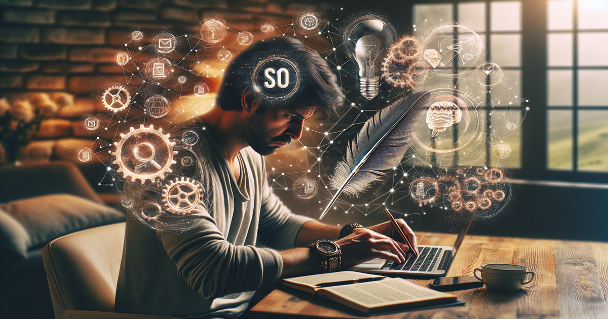 An image of a writer at work, with thought bubbles filled with symbols of content writing, SEO, and AI.