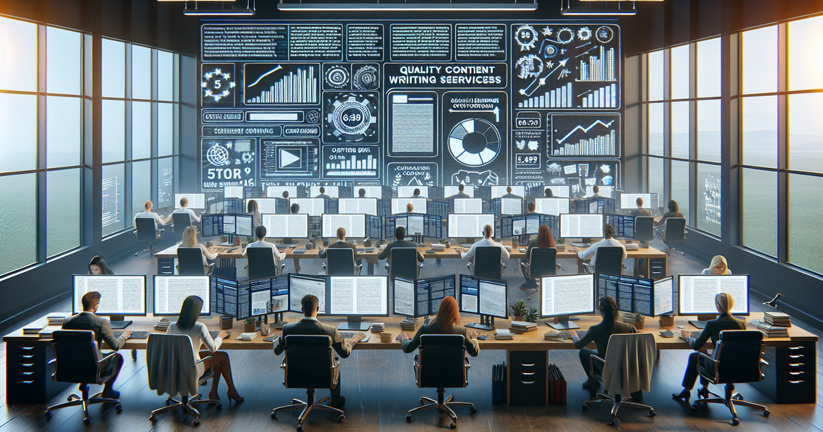 A modern office scenario showing professional content writers at work and monitors displaying quality content writing services and SEO data
