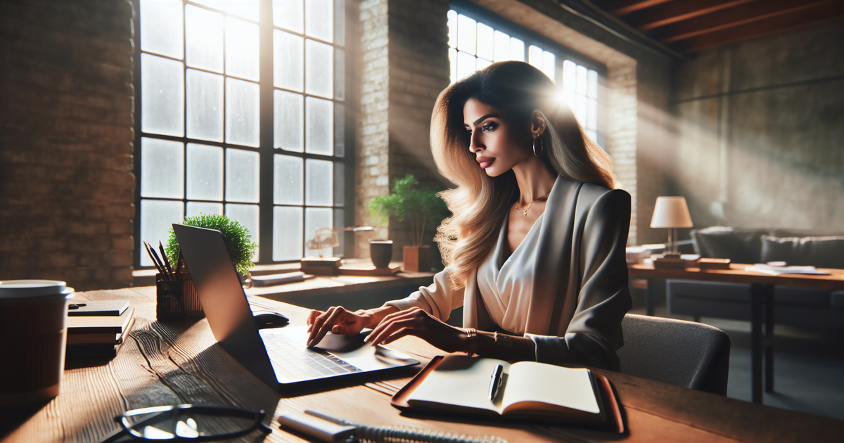 Businesswoman exploring the 'ArticleWritingService.online' website on her laptop, searching for superior content writing services USA.