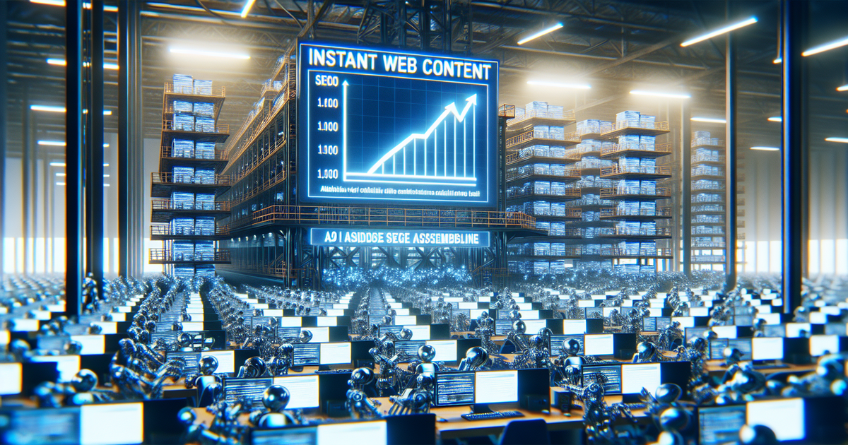 A photo of an AI-driven assembly line creating Instant Web Content with a backdrop of rising SEO graphs.