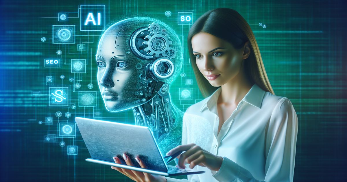 A businesswoman using an ai blog post generator on a digital interface, surrounded by AI themes and SEO symbols.