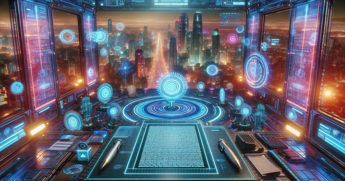 A landscape showcasing a futuristic ai blog writer tool creating a blog post on a digital panel.