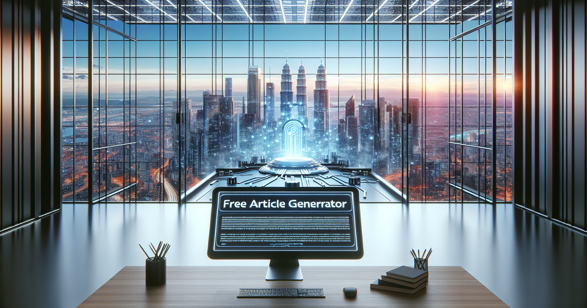A landscape image showing the use of the 'free article generator', a concept of AI technology in a futuristic office environment.