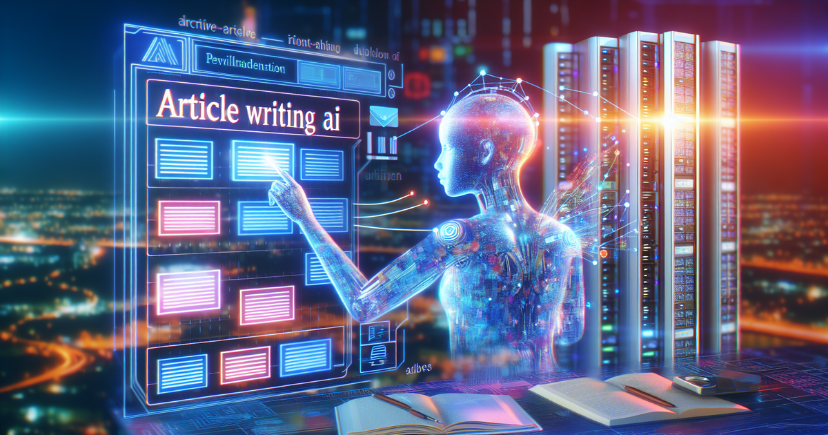 AI interface demonstrating 'article writing ai' with digital articles reflected in the vibrant city full of data servers.