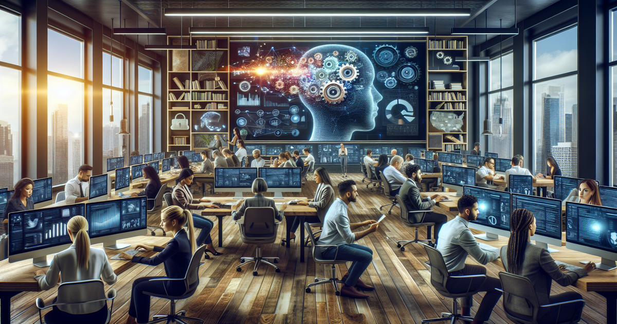 Hardworking individuals in an article writing company, immersing themselves in research, SEO strategies, and AI technology integration, in a creative office environment.