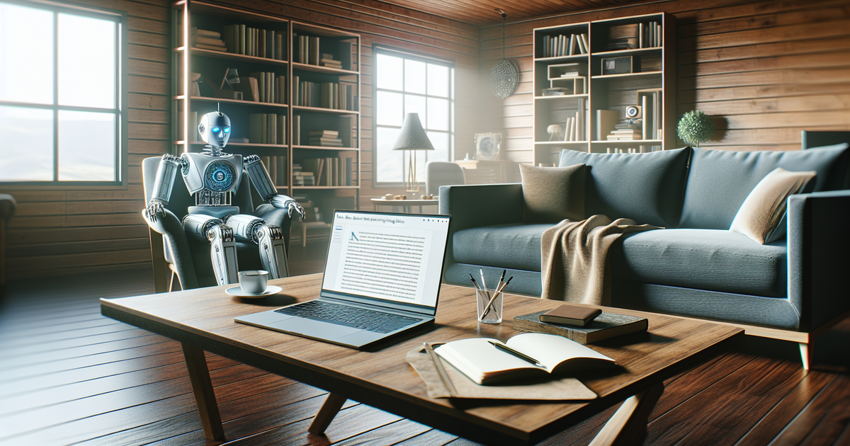 A living room scenario showing a laptop with a blog about the best article writing services and a notebook with a pen, representing the comparison between AI and human writers.