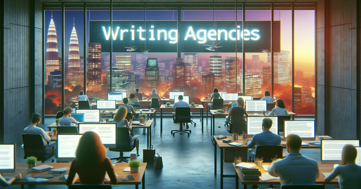 Featured image displaying the interior of a vibrant content writing agency, with "Writing Agencies" emblazoned on a digital board.
