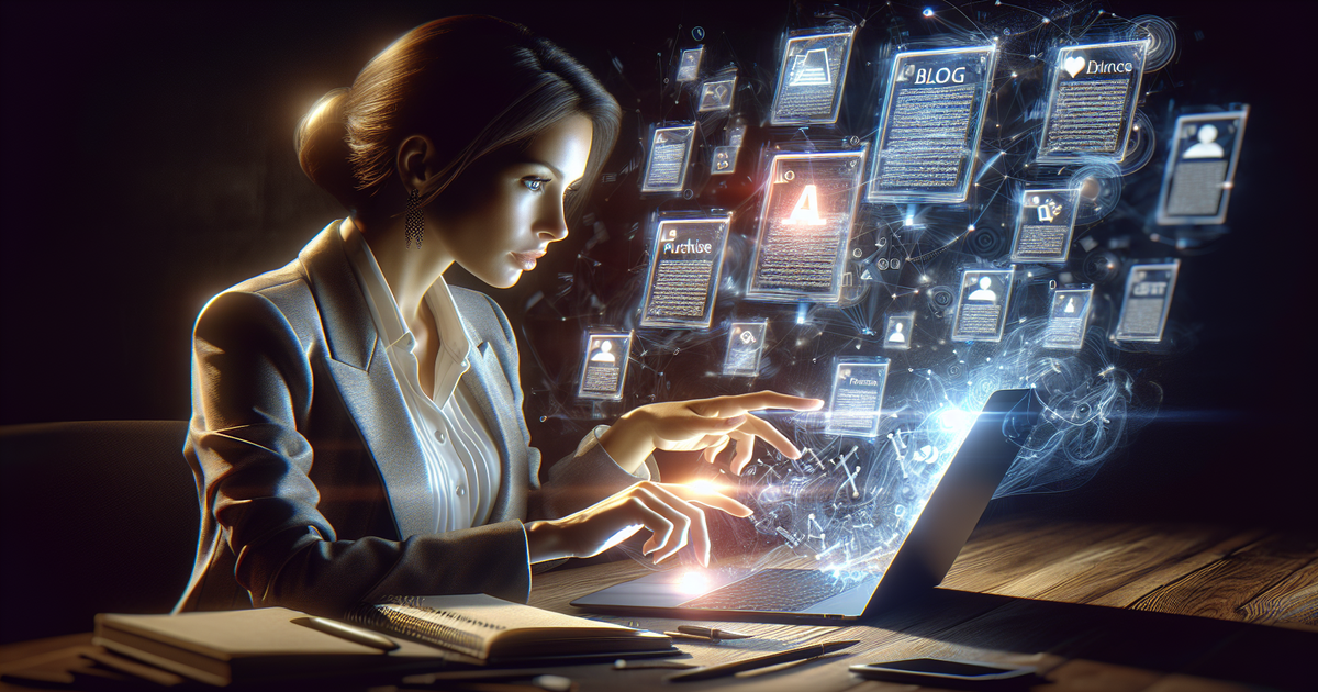 Business person at a desk, using an AI-powered laptop to purchase blog posts.