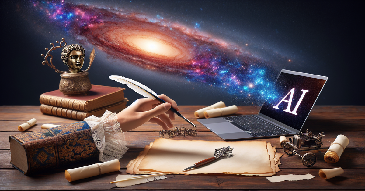 A photo-realistic image showing traditional writing tools and AI technology used in writer services against a galaxy backdrop.