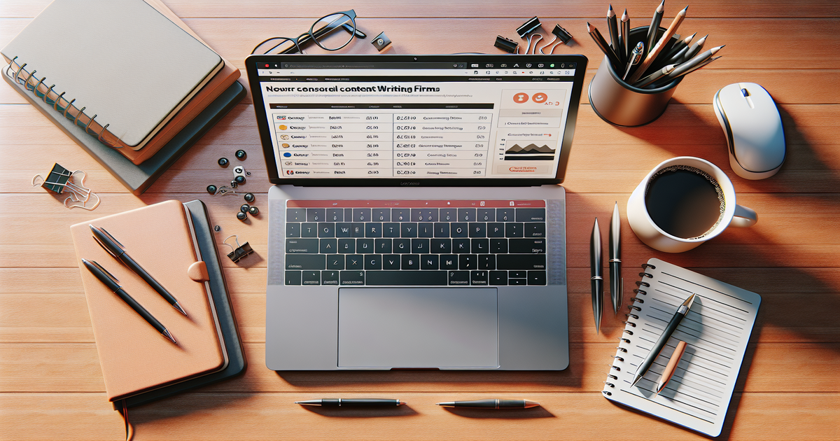 Comparison chart of content writing firms is displayed on a laptop screen, along with standard office items on a desk.