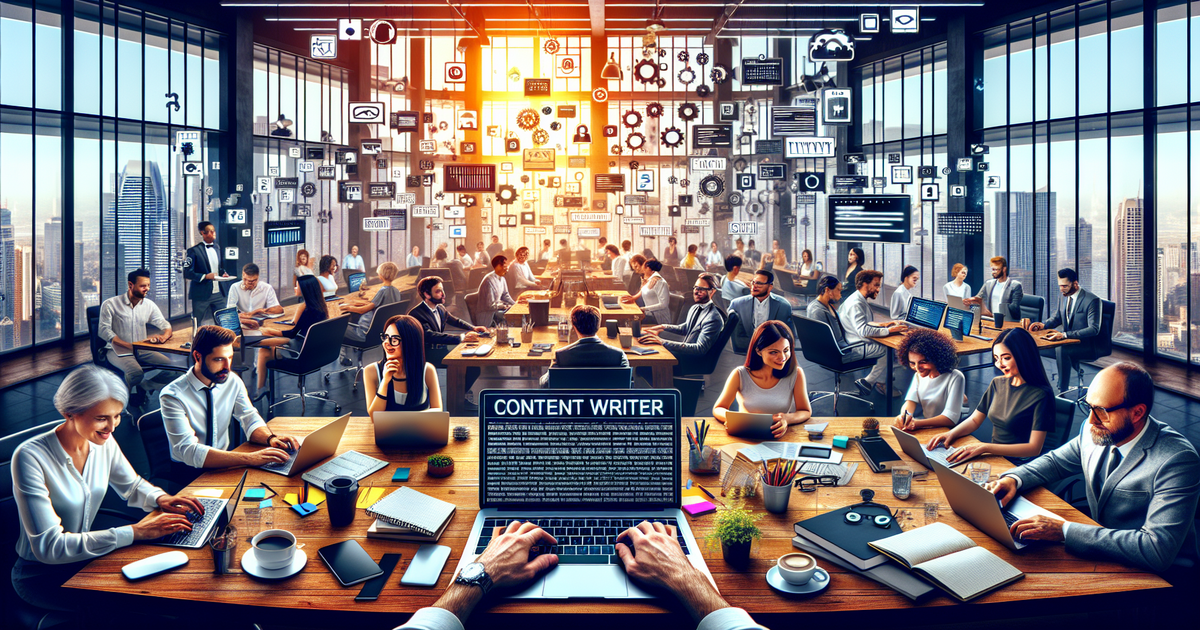 A work environment showing the journey of becoming an efficient 'Content Writer’ integrating AI technology into the process.