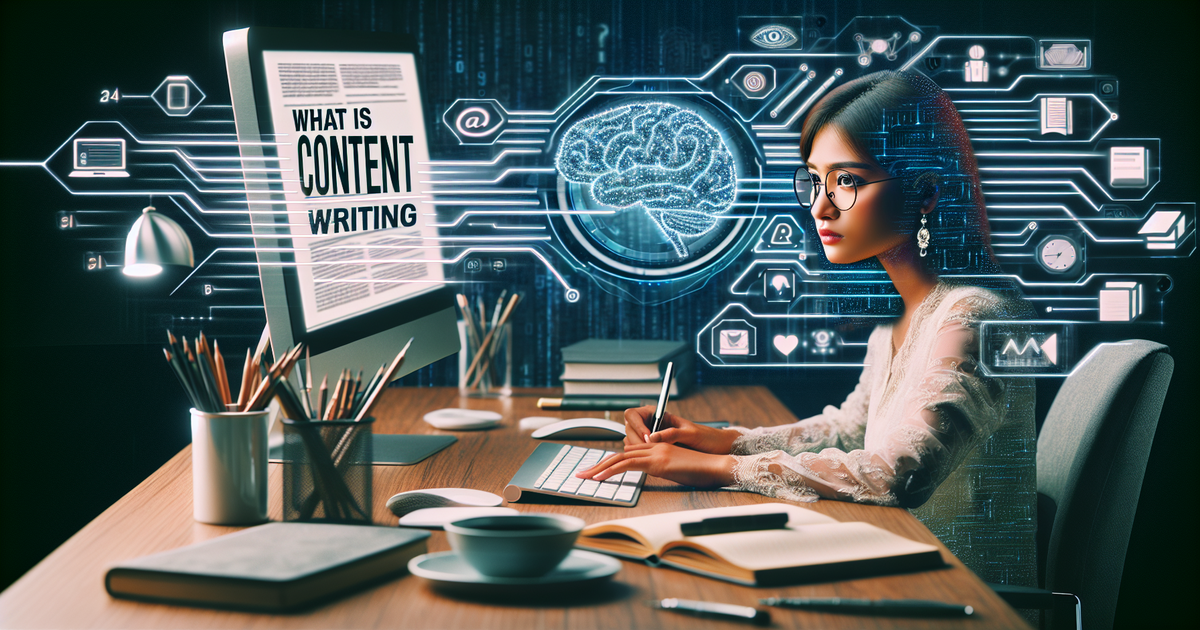 A content writer exploring 'what is content writing' with AI assistance, represented in a realistic digital workspace setting.