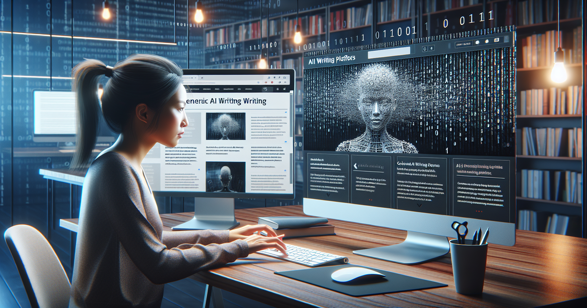 Image of an individual at a futuristic workspace, reviewing AI writing platforms on two screens, with 'ai to write articles' theme and articlewritingservice.online page visible.