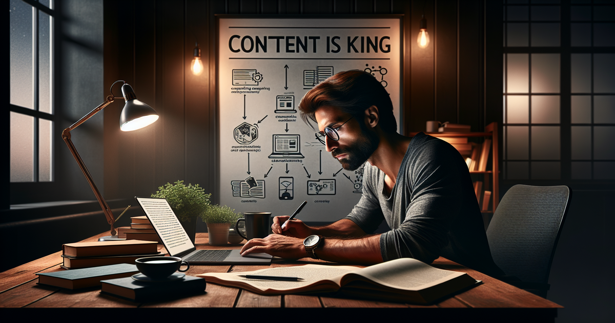 A content writer working on a laptop in a warm, engaging workspace, surrounded by SEO and AI resources, demonstrating the concept of 'what is a content writer'.