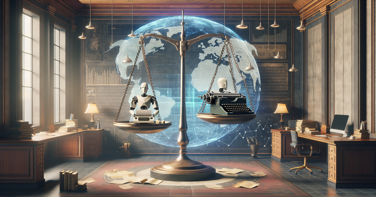 Balance scale with vintage typewriter and holographic AI-entity typing, representing the evolution of professional article writing service.