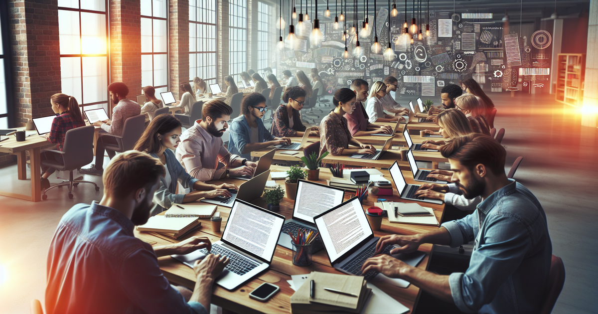 An engaging image of professional article writers working together at a modern office, showcasing the behind-the-scenes of blog drafting.
