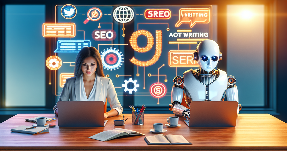 A human and an AI working together in SEO writing agency with focus on ArticleWritingService.online.