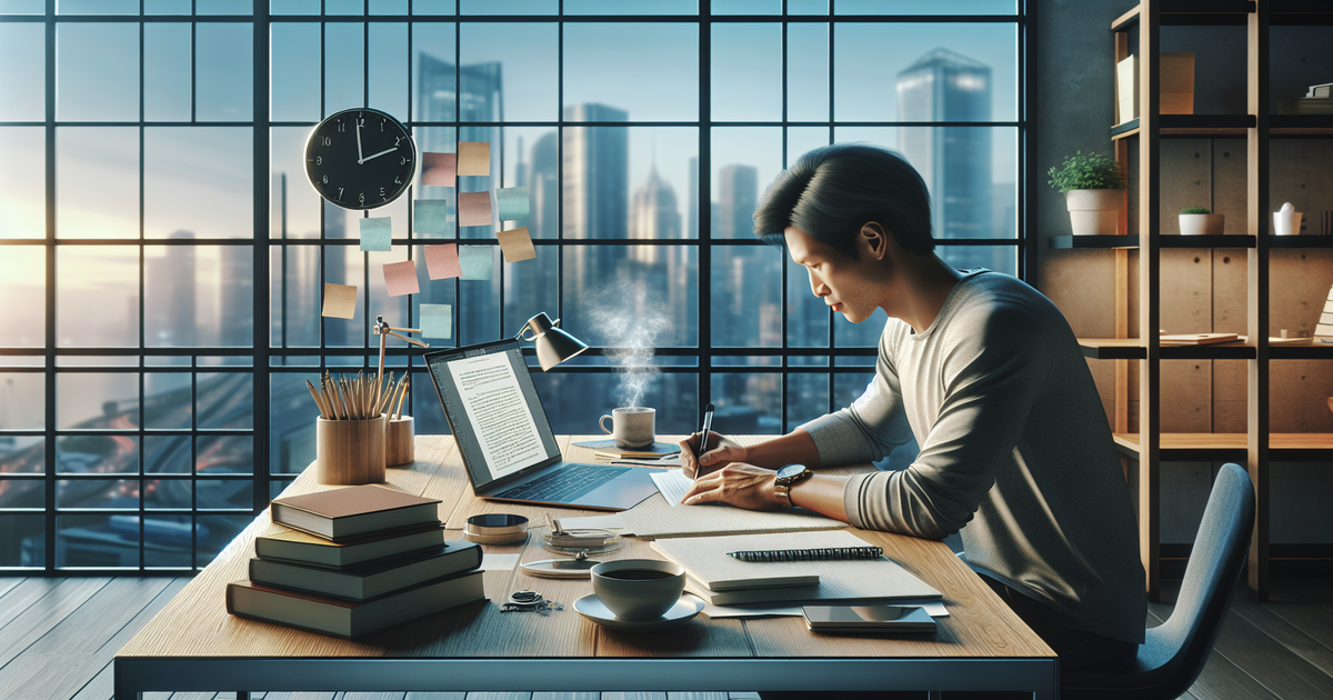 An image of a content writer absorbed in crafting content at a modern office desk with cityscape in the background.