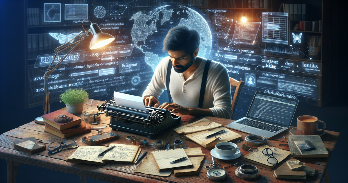 A content writer at a desk, illustrating the varied aspects of what a content writer does from traditional typing to digital SEO research.